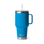 

YETI 35 ounce straw mug big wave blue handle smaller base fits in most cupholders bright blue very pretty white background