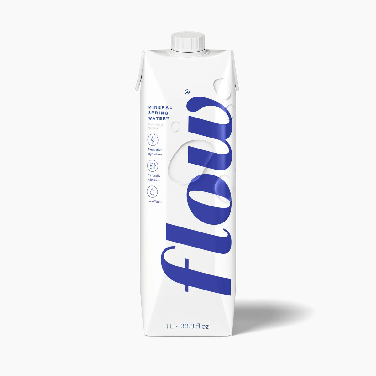 Front view of a Flow Mineral Spring Water 1 litre package against a white background