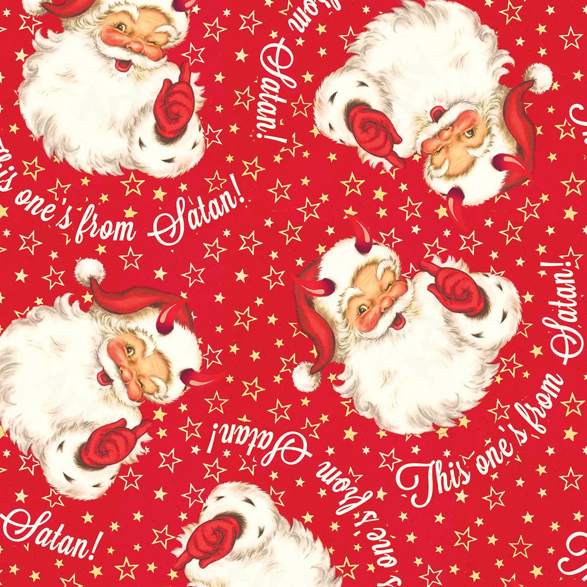 Single sheet of red gift wrap with Satan Santa Claus images “this one’s from Satan!” Print