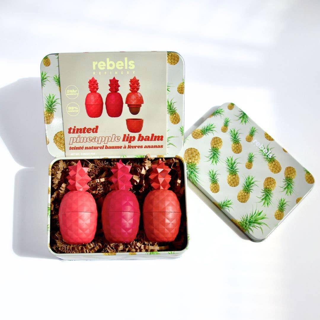 rebels refinery new release tinted pineapple lip balm set of 3 in exclusive pineapple printed tin