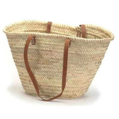 Straw market bag, white background, tote has thin long brown leather shoulder straps
