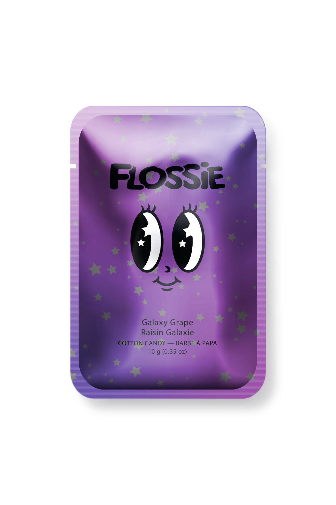 Flossie Galaxy Grape Cotton Candy single-serve package with sprinkles, gluten-free and vegan, made in Canada