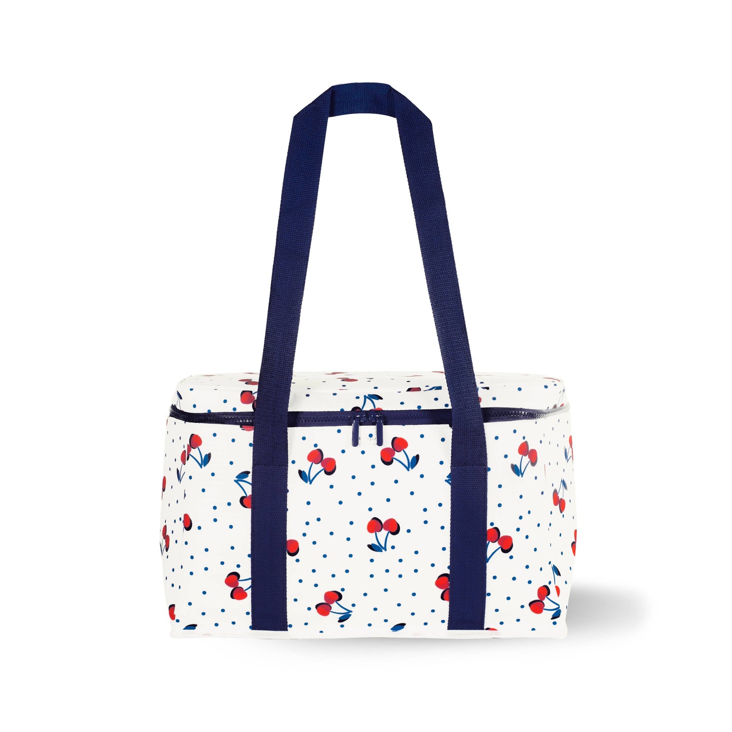 insulated cooler bag with cherry pattern on a white background