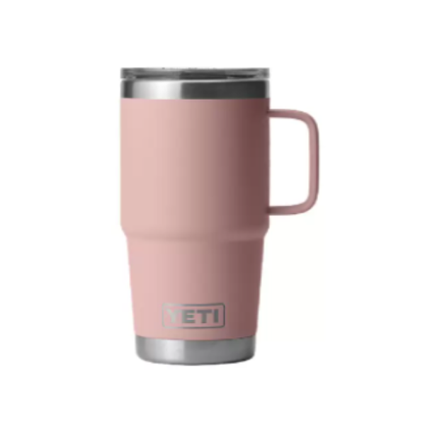 Yeti 20oz/591mL travel mug with handle and stronghold lid in sandstone pink