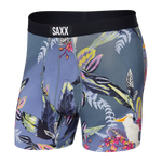 Saxx Ultra relaxed fit boxer brief with fly with a dark muted blue background colour with multicolour leaves and birds