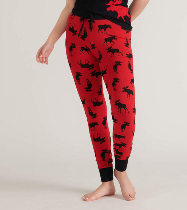 Leggings de nuit pour femme avec motif d'élan sur fond rouge