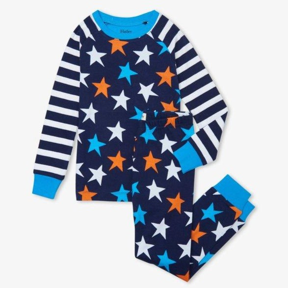 cutest pjs stars orange white and blue with stripes in white and blue hatley pajamas on sale
