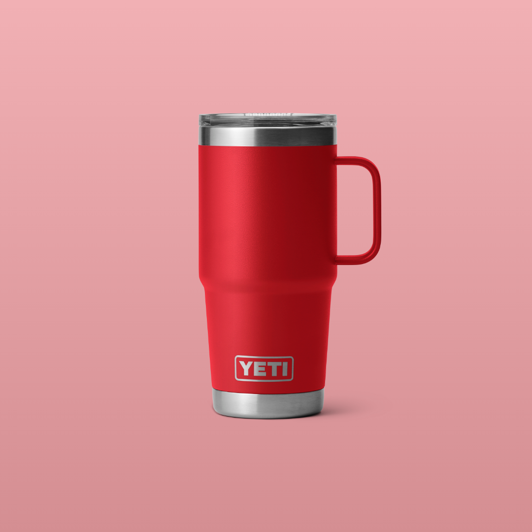 YETI rambler 20 oz travel mug with strong hold lid and handle
Sale at the county emporium 20 % off rescue red pink background 