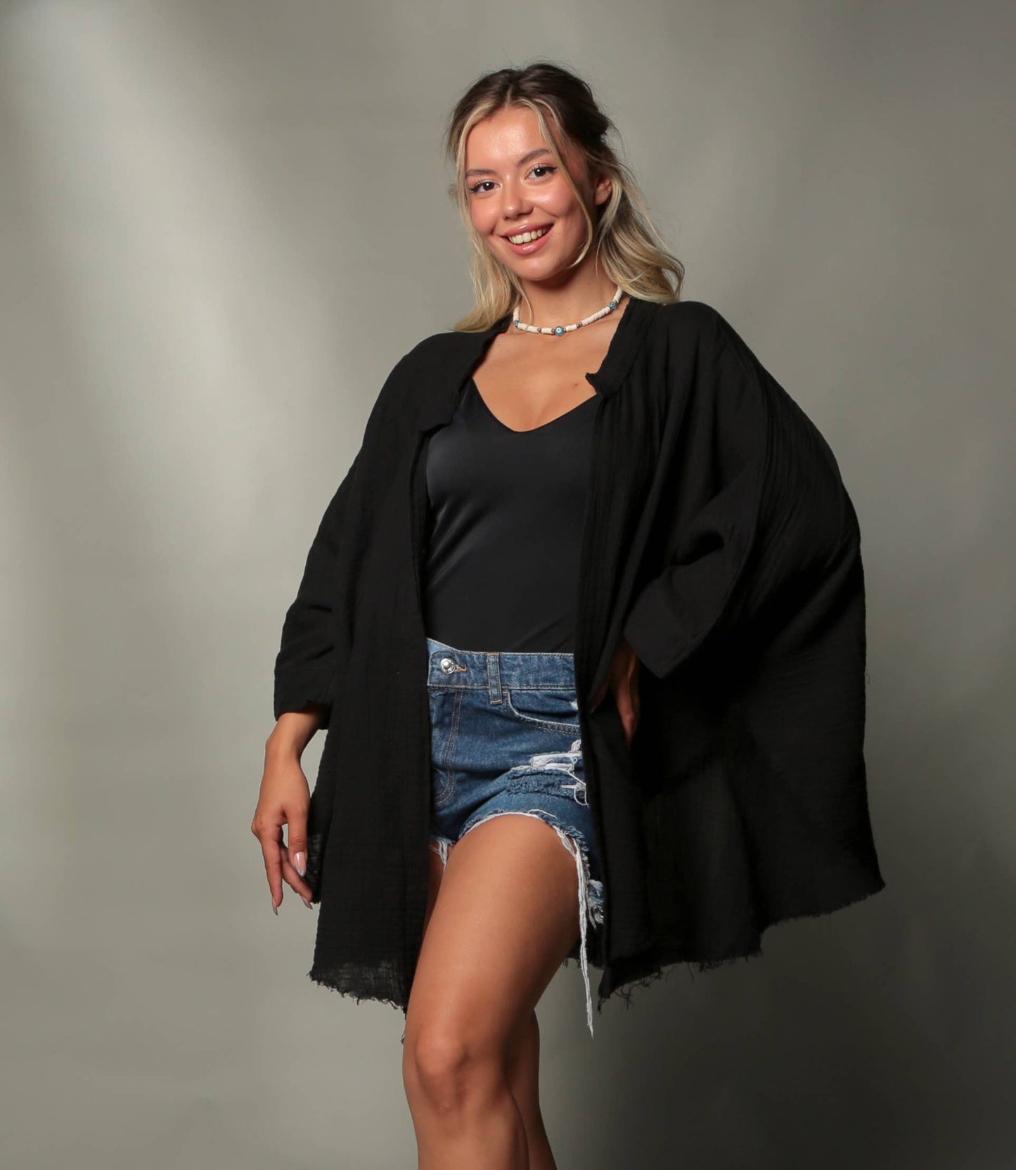 Black &Gold Moon Phases Muslin Kimono Robe / Poncho