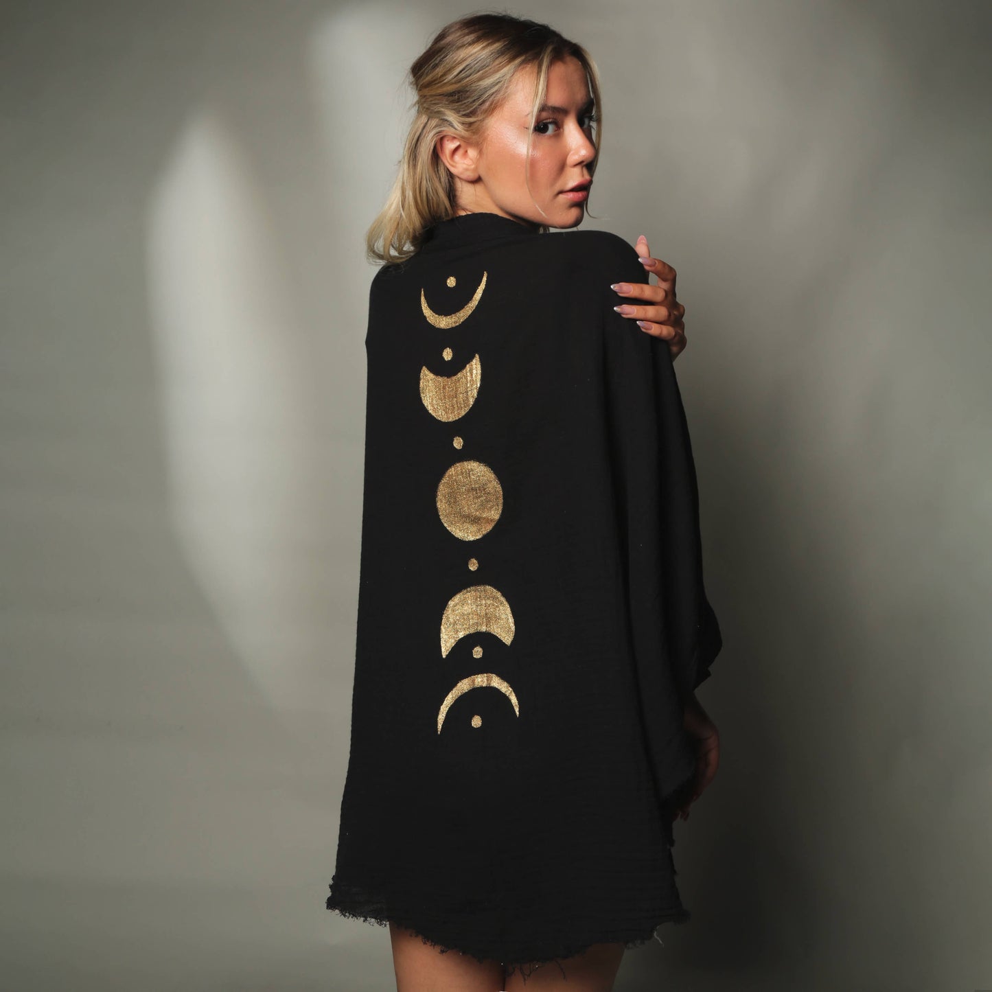 Black &Gold Moon Phases Muslin Kimono Robe / Poncho