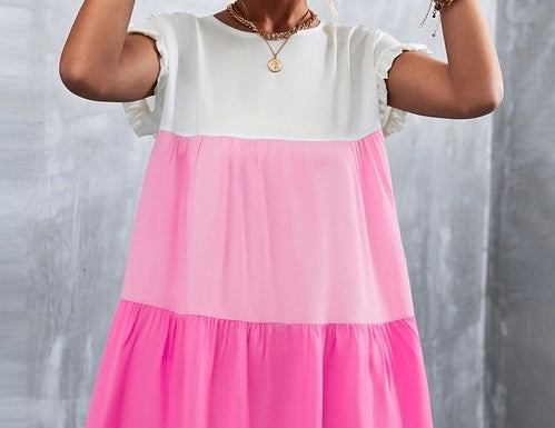 Tiered Pink & white short sleeve dress