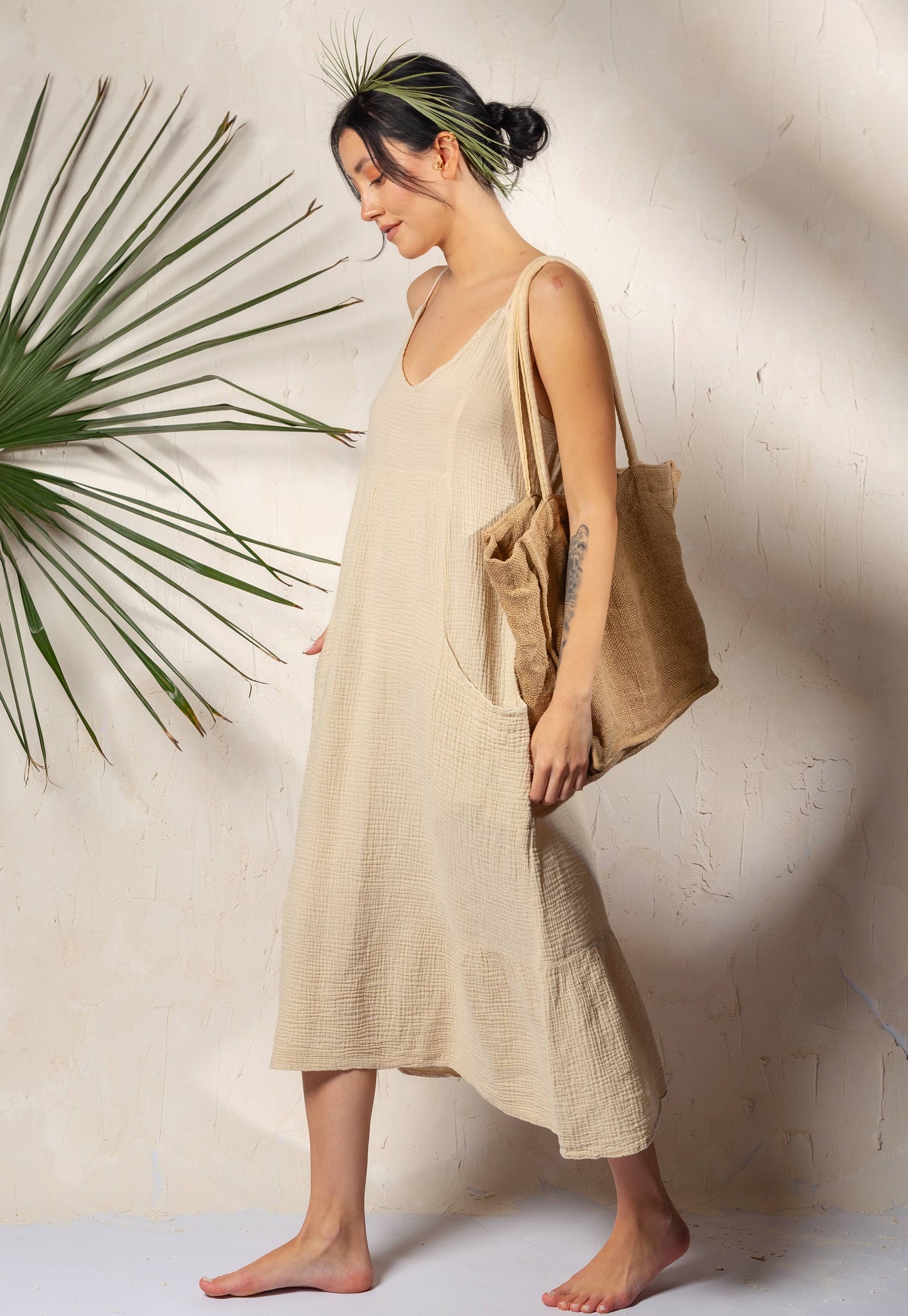 Beige Double Gauze Strap Dress