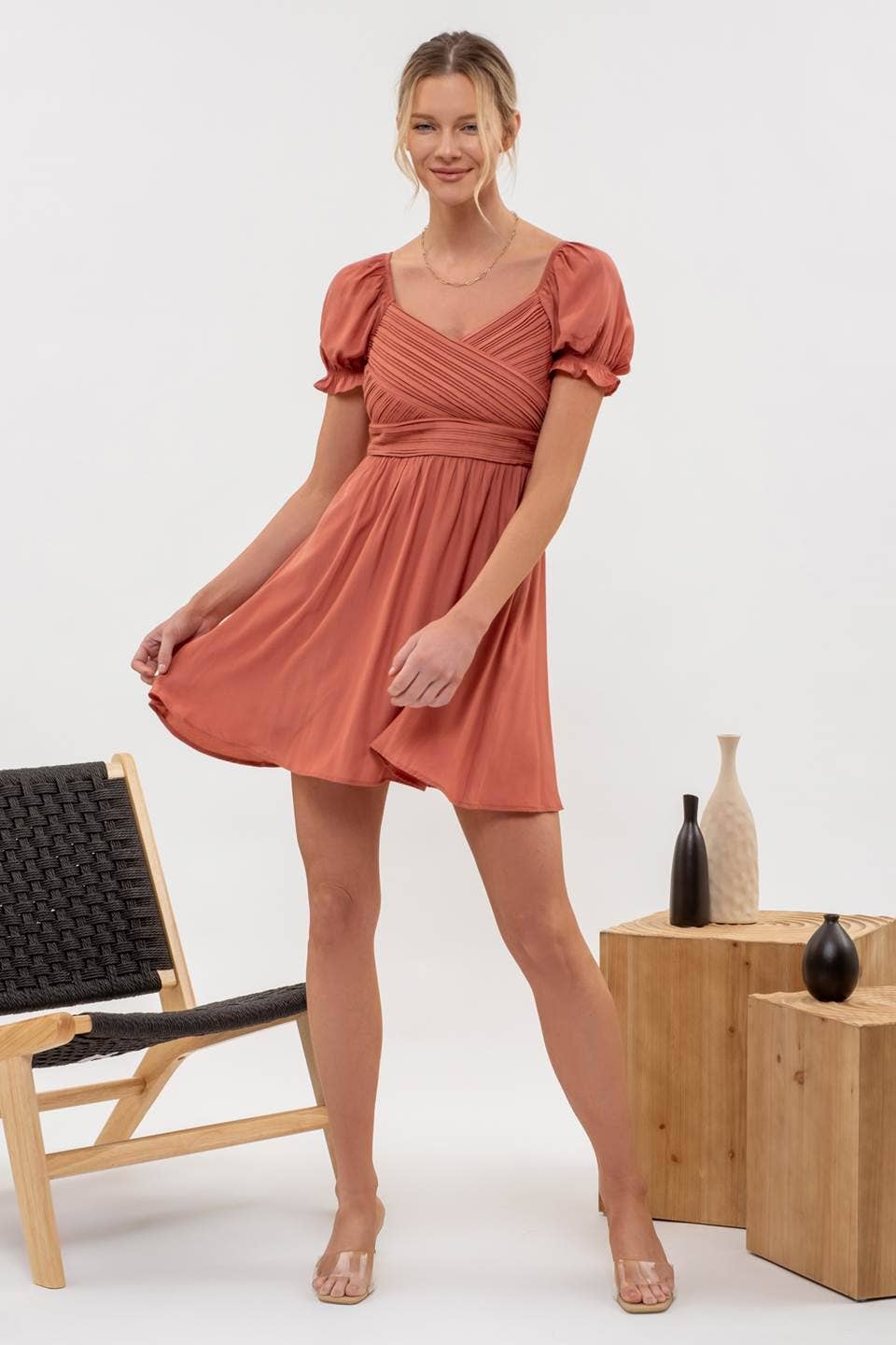 Blu Pepper - PLEATED WRAP PUFF SLEEVE BACK TIE MINI DRESS: TERRACOTTA