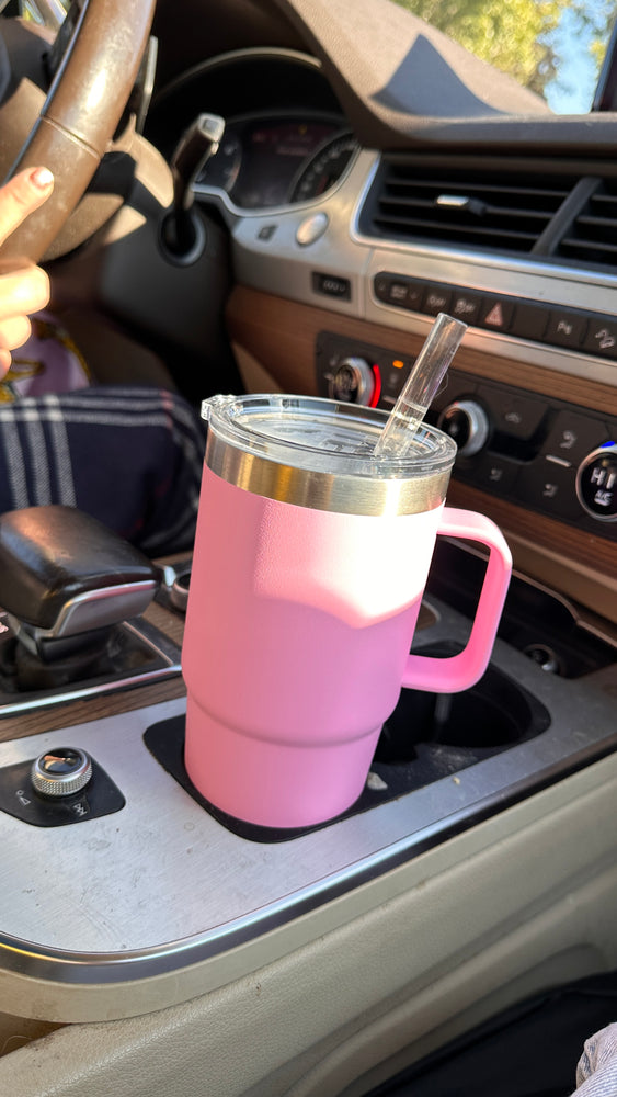 power pink 25 oz straw mug with handle available at the county emporium. Shipping available, flat rate 20$