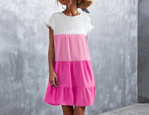 Tiered Pink & white short sleeve dress