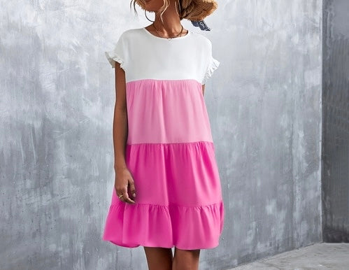 
                
                    Load image into Gallery viewer, Tiered Pink &amp;amp; white short sleeve dress
                
            