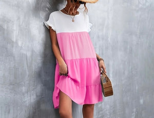 Tiered Pink & white short sleeve dress