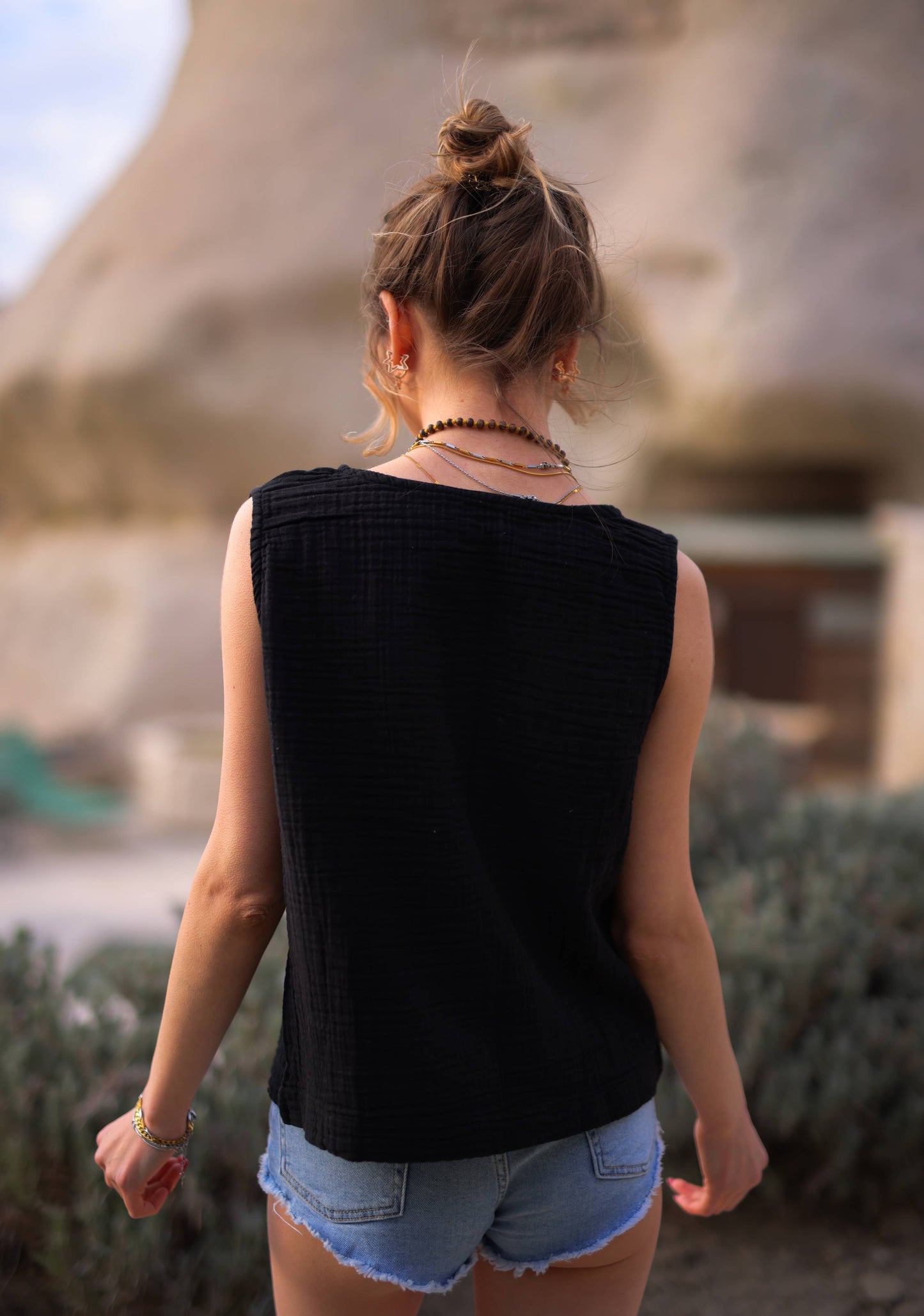 Black Muslin Sleeveless Crop Tank Top