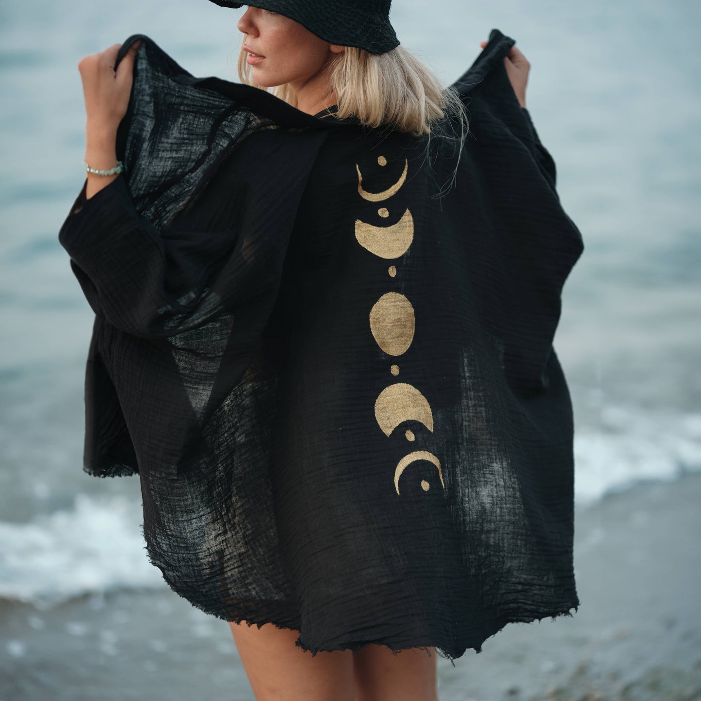 Black &Gold Moon Phases Muslin Kimono Robe / Poncho