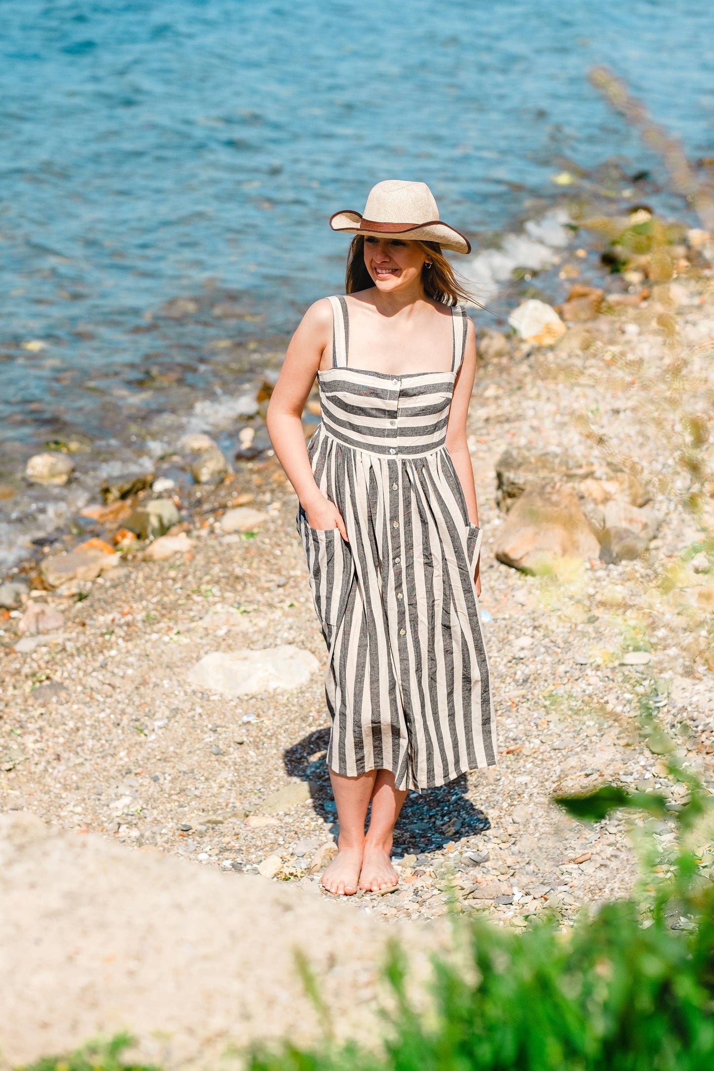 Striped Linen Button Down Midi Dress