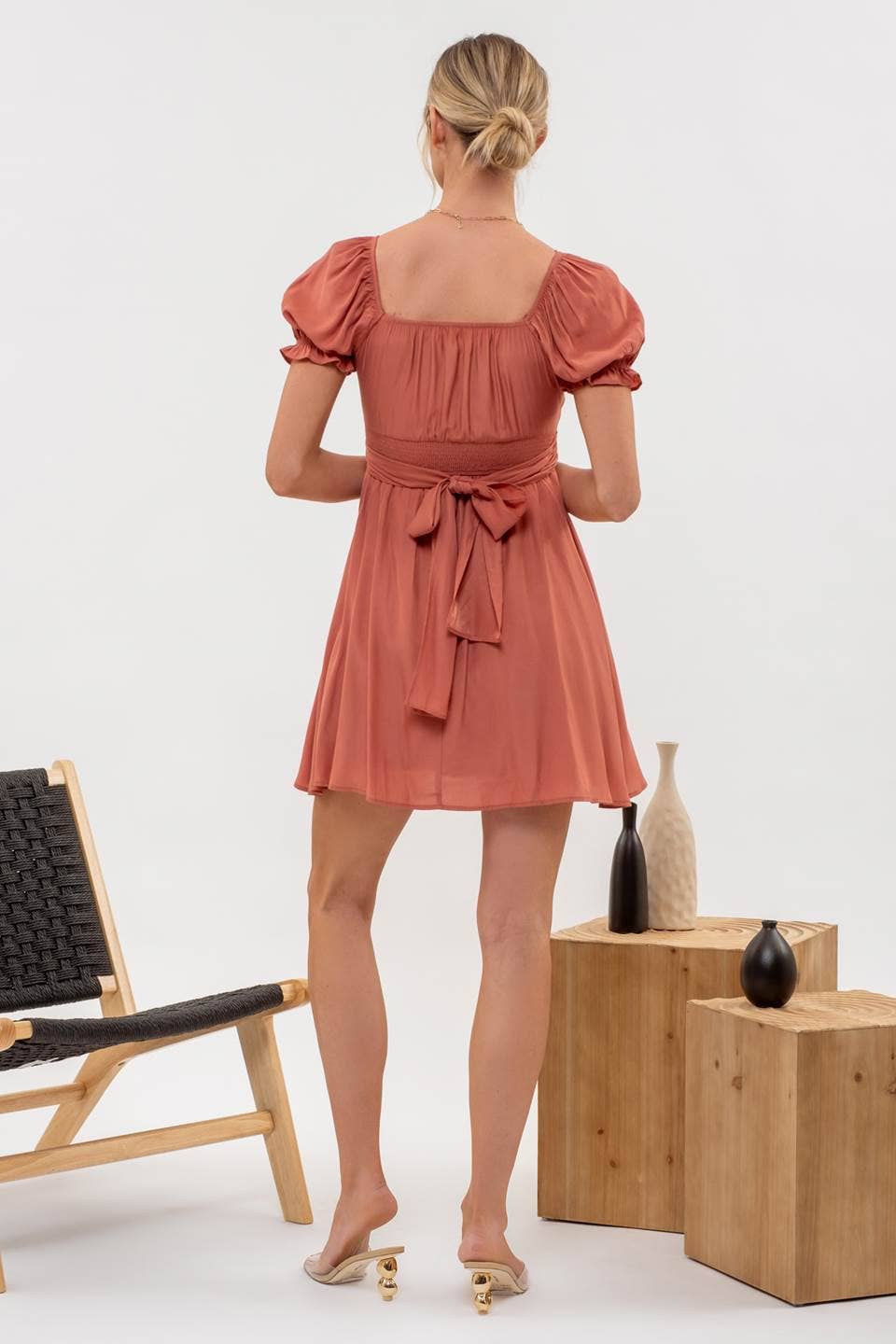 Blu Pepper - PLEATED WRAP PUFF SLEEVE BACK TIE MINI DRESS: TERRACOTTA