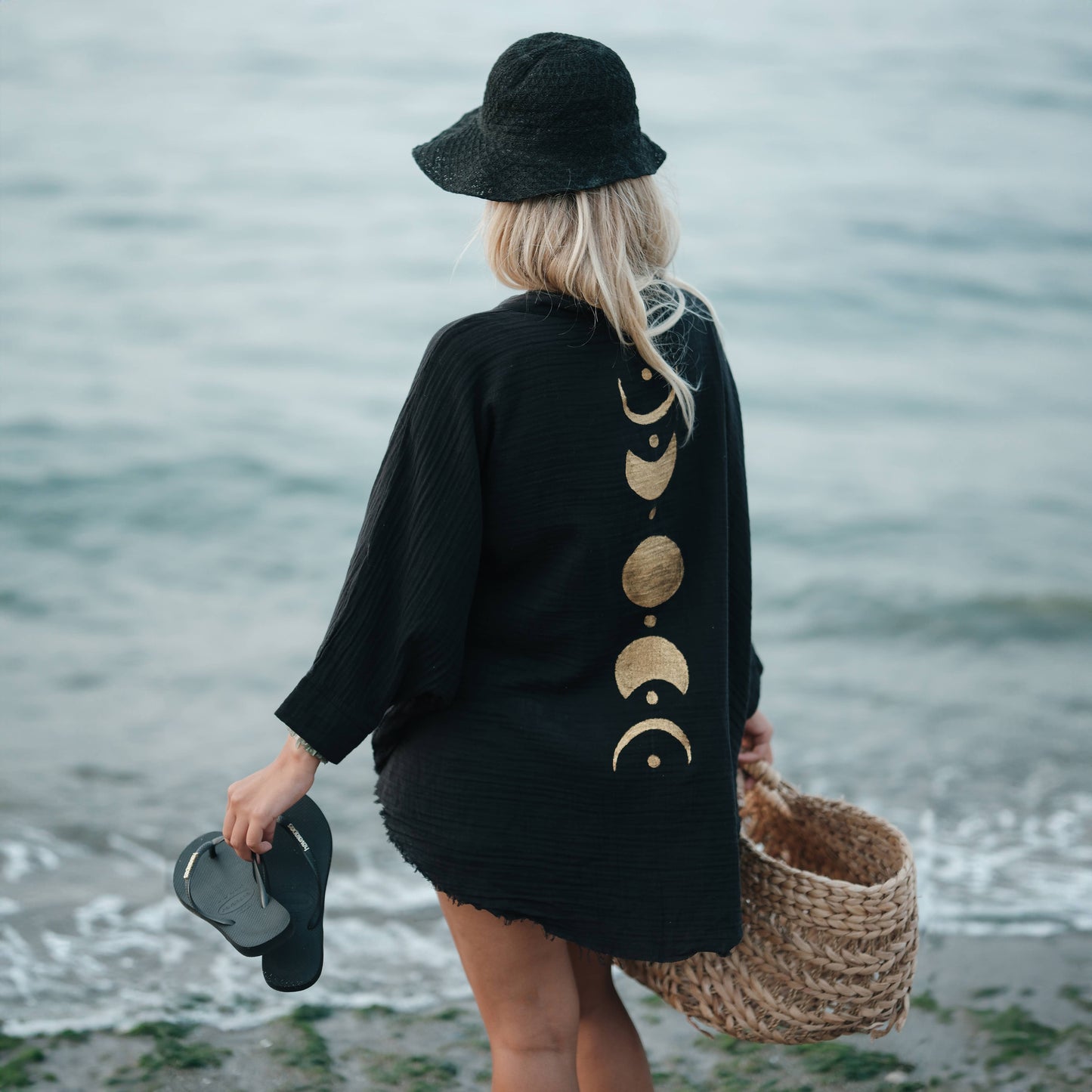 Black &Gold Moon Phases Muslin Kimono Robe / Poncho