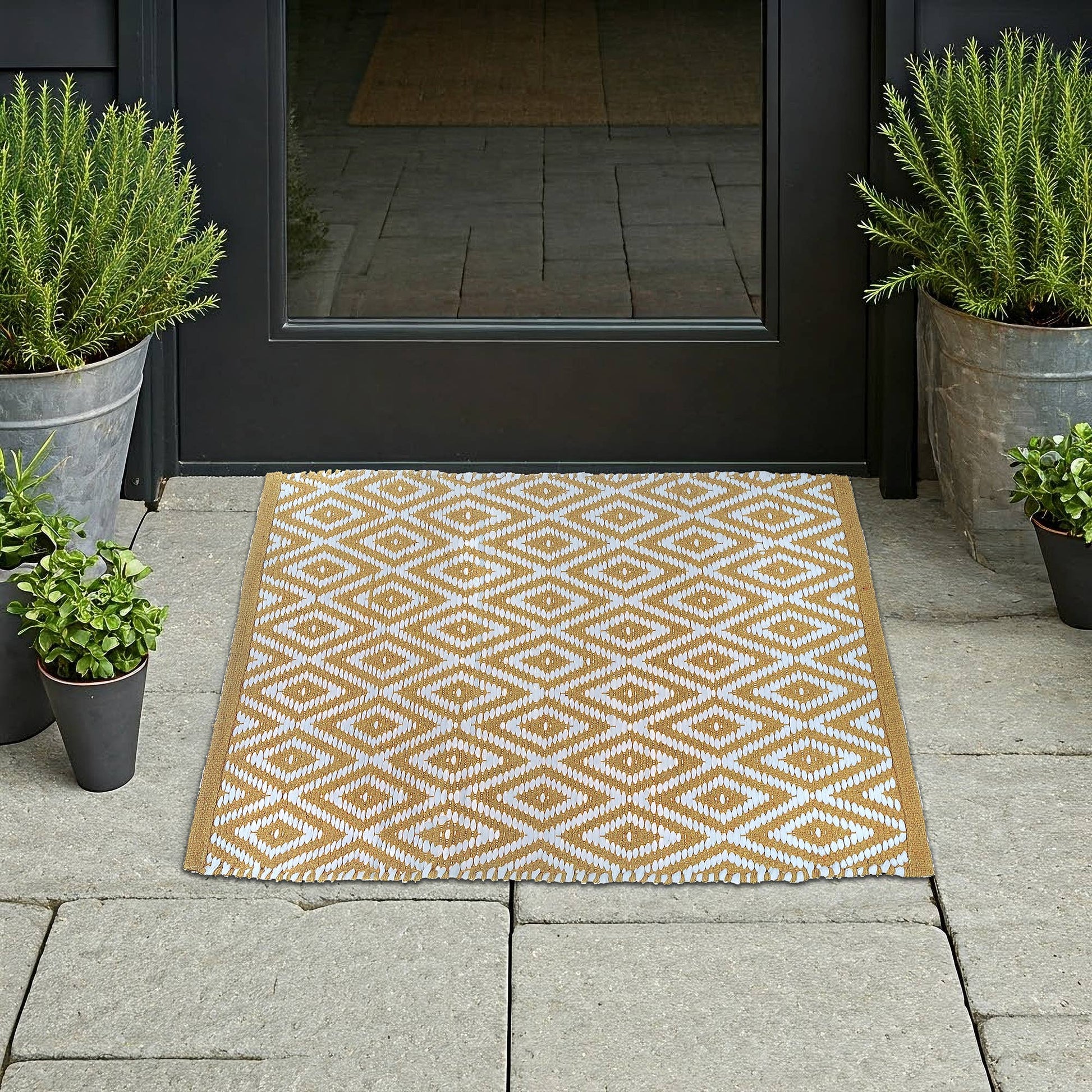 Geometric patterned doormat in front of a black door with potted plants on either side.