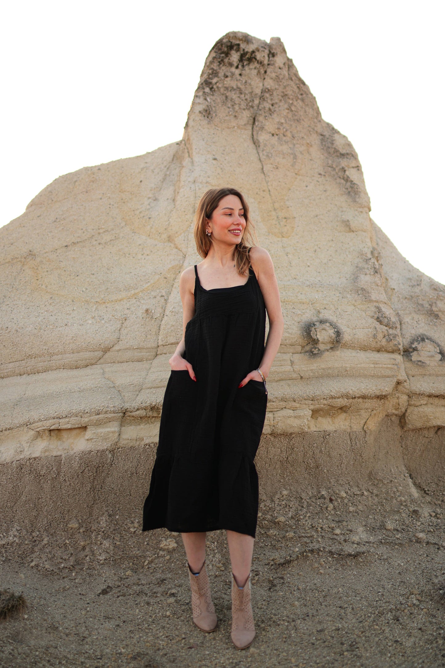 Beige Double Gauze Strap Dress