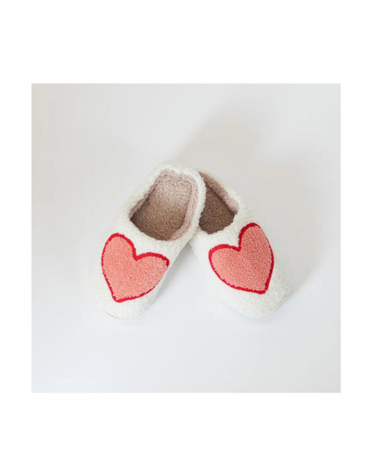 Slippers tan inside white outside white sole Sherpa big pink heart with red embroidered border