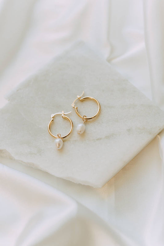 Gold Filled Pearl Drop Hoop Earrings