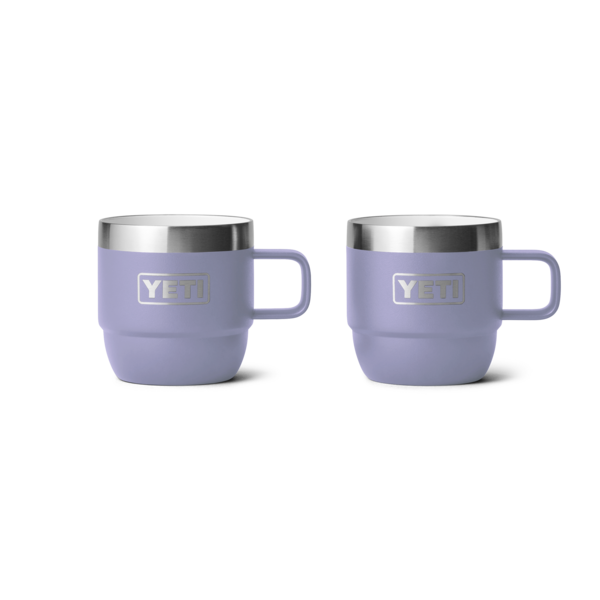 YETI rambler 6 ounce stackable espresso mugs with handles, lilac with silver top rim 3/4 cm width very smooth, ceramic inside, front view, 2 mugs shown side-by-side silver yeti logo shown on both white background