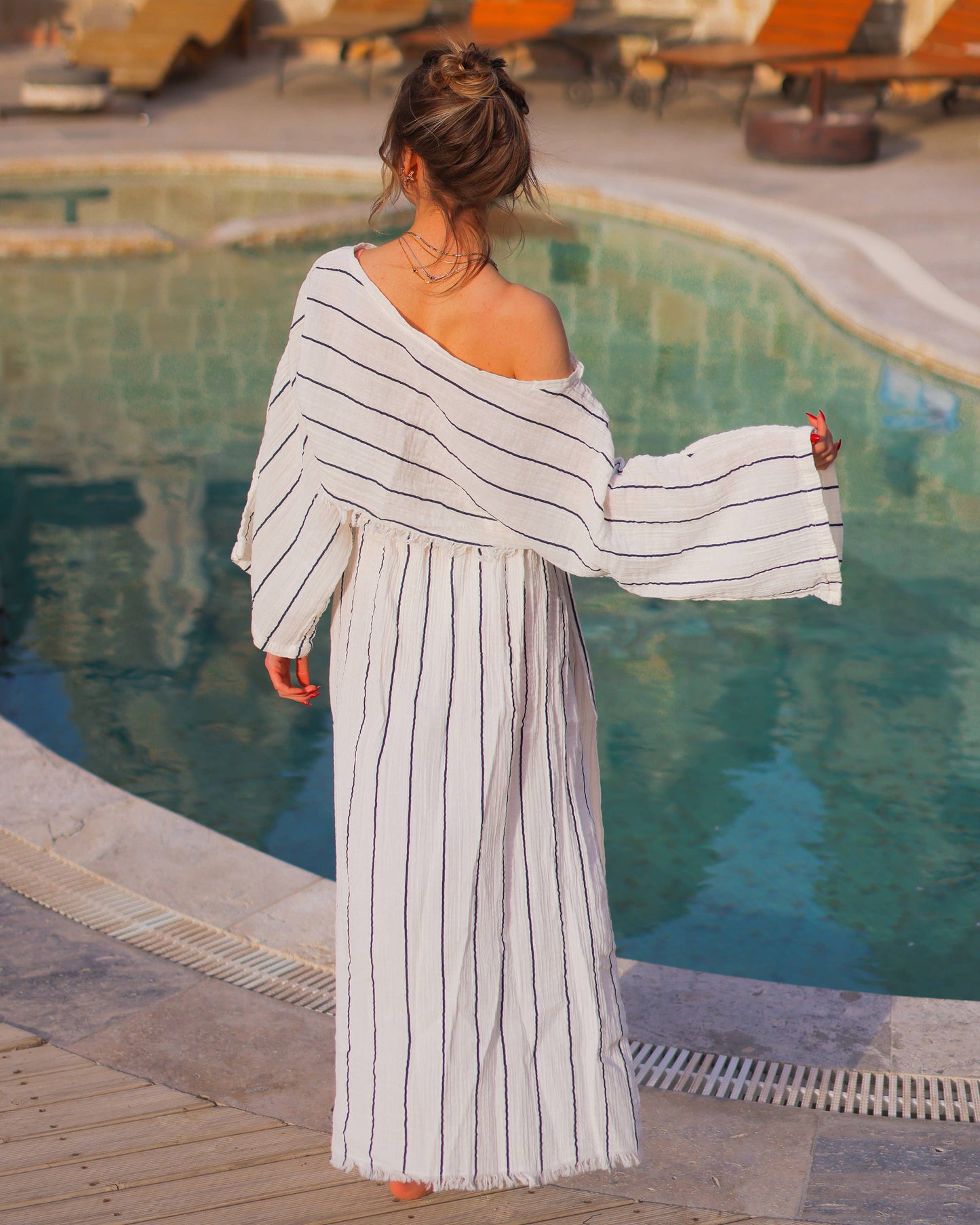 Black Striped Side Slit Cotton Maxi Skirt