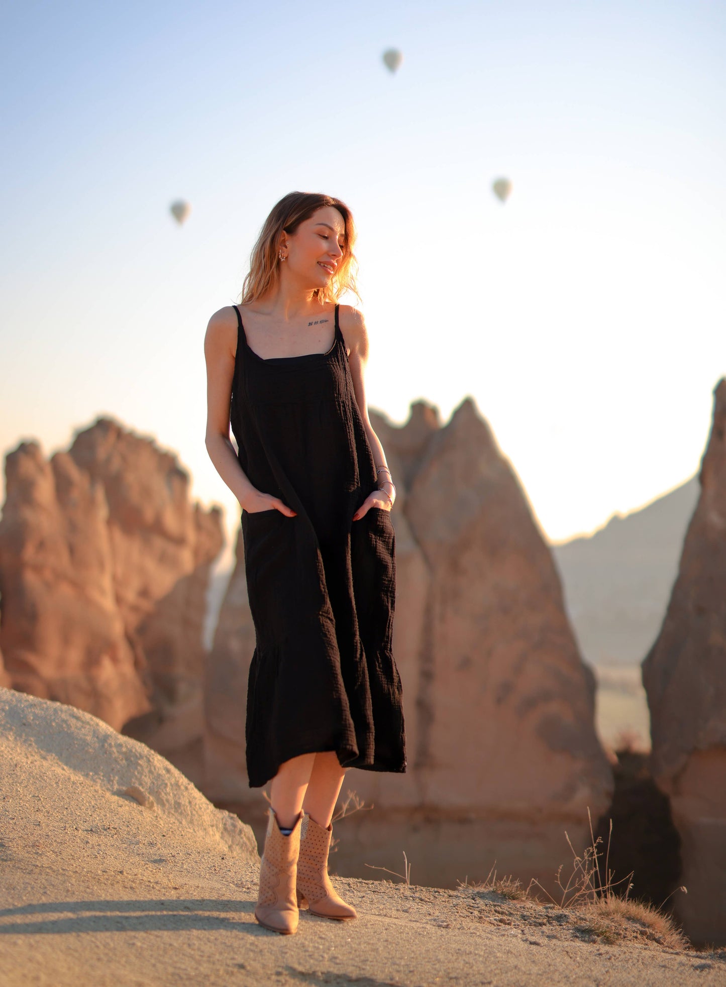 Beige Double Gauze Strap Dress