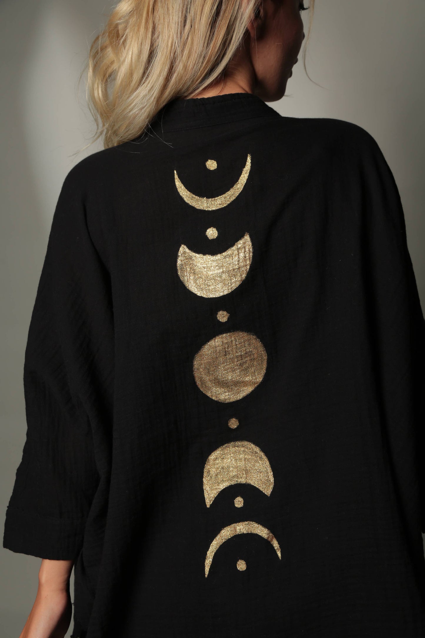 Black &Gold Moon Phases Muslin Kimono Robe / Poncho