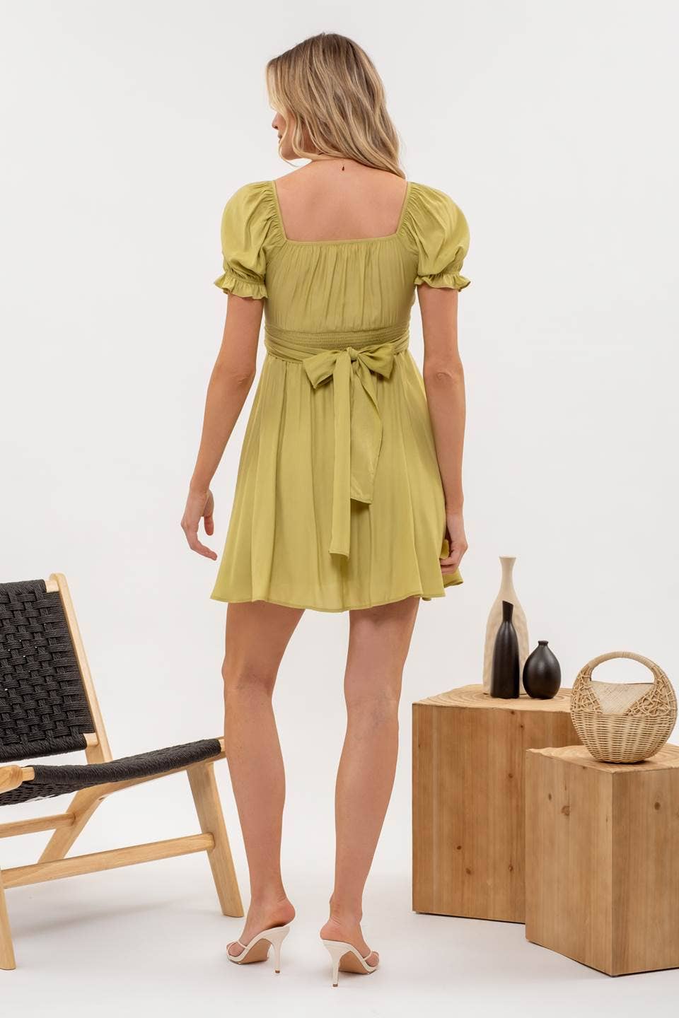 Blu Pepper - PLEATED WRAP PUFF SLEEVE BACK TIE MINI DRESS: TERRACOTTA