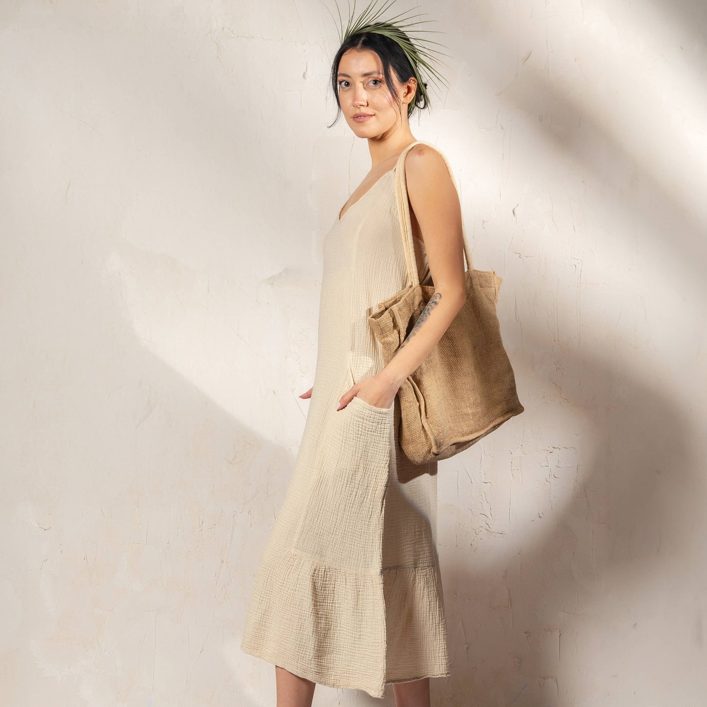 Beige Double Gauze Strap Dress