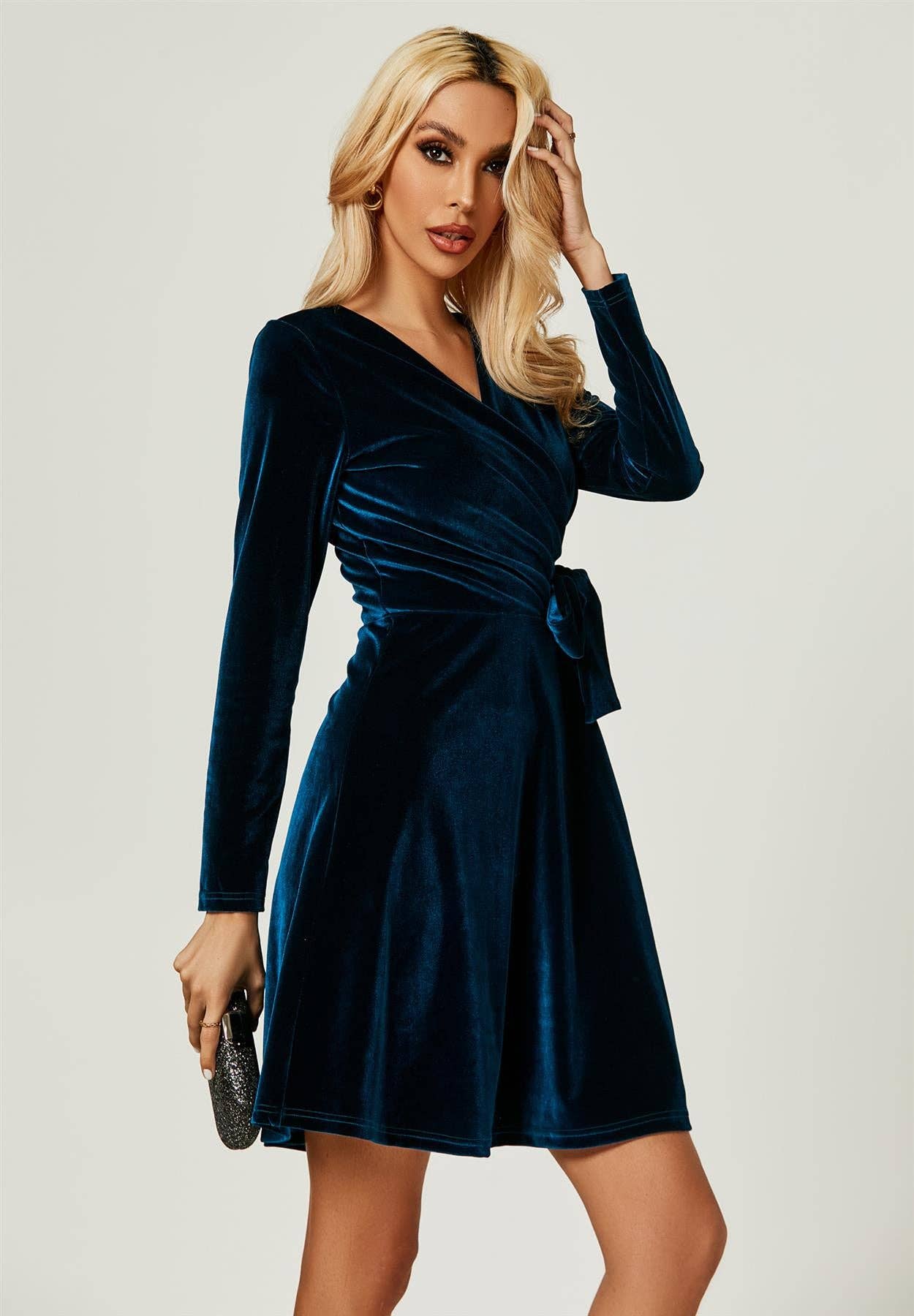 Velvet wrap dress blue navy prom, graduation trending style