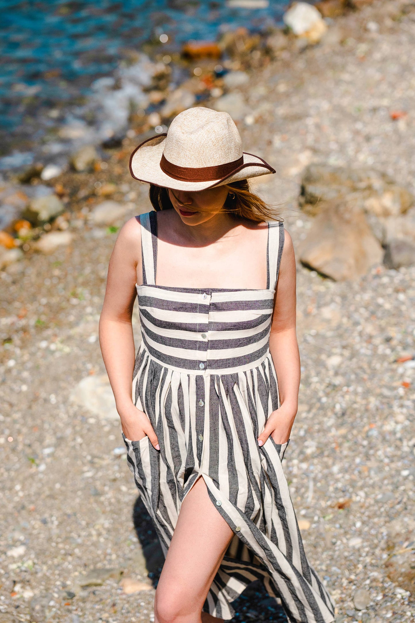 Striped Linen Button Down Midi Dress