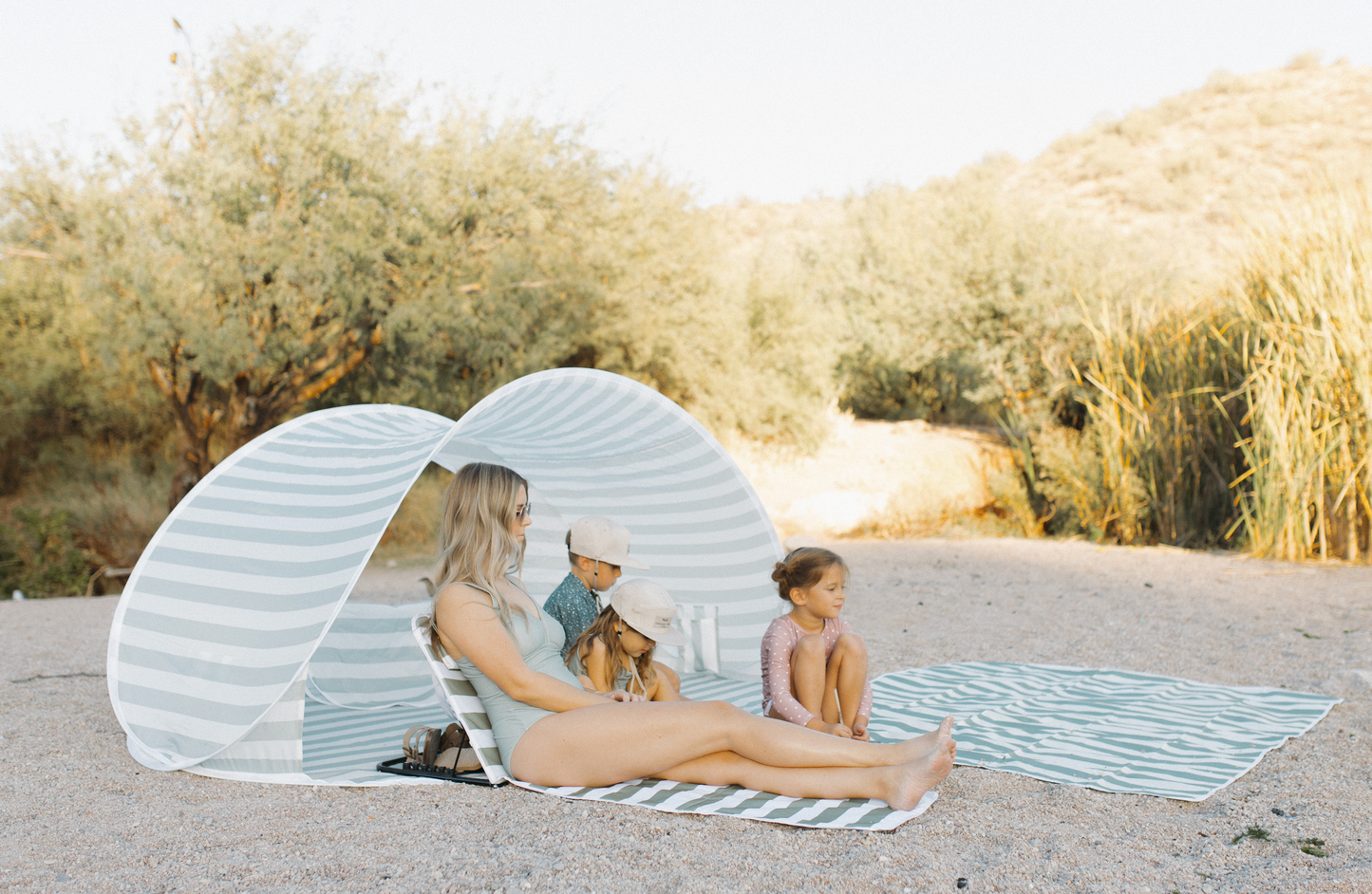 Oversized Beach Pop up Tent Sage Stripes