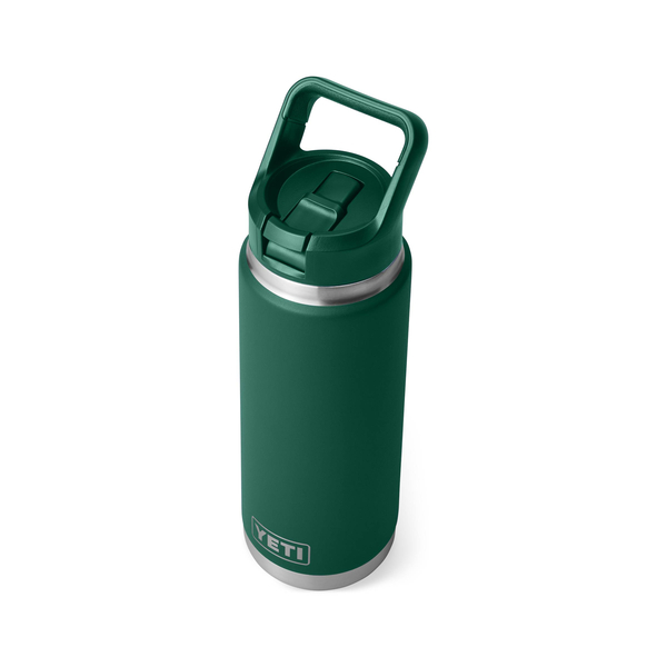 YETI Rambler 26 oz straw bottle in Black Forest  green - the quarter  - view showing insulated bottle with color - matched - straw - lid