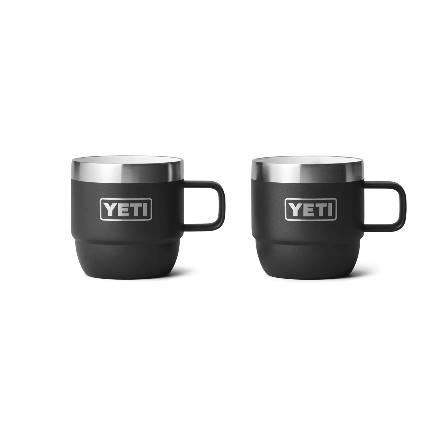 YETI rambler 6 ounce stackable espresso mugs with handles, black with silver top rim 3/4 cm width very smooth, ceramic inside, front view, 2 mugs shown side-by-side silver yeti logo shown on both white background