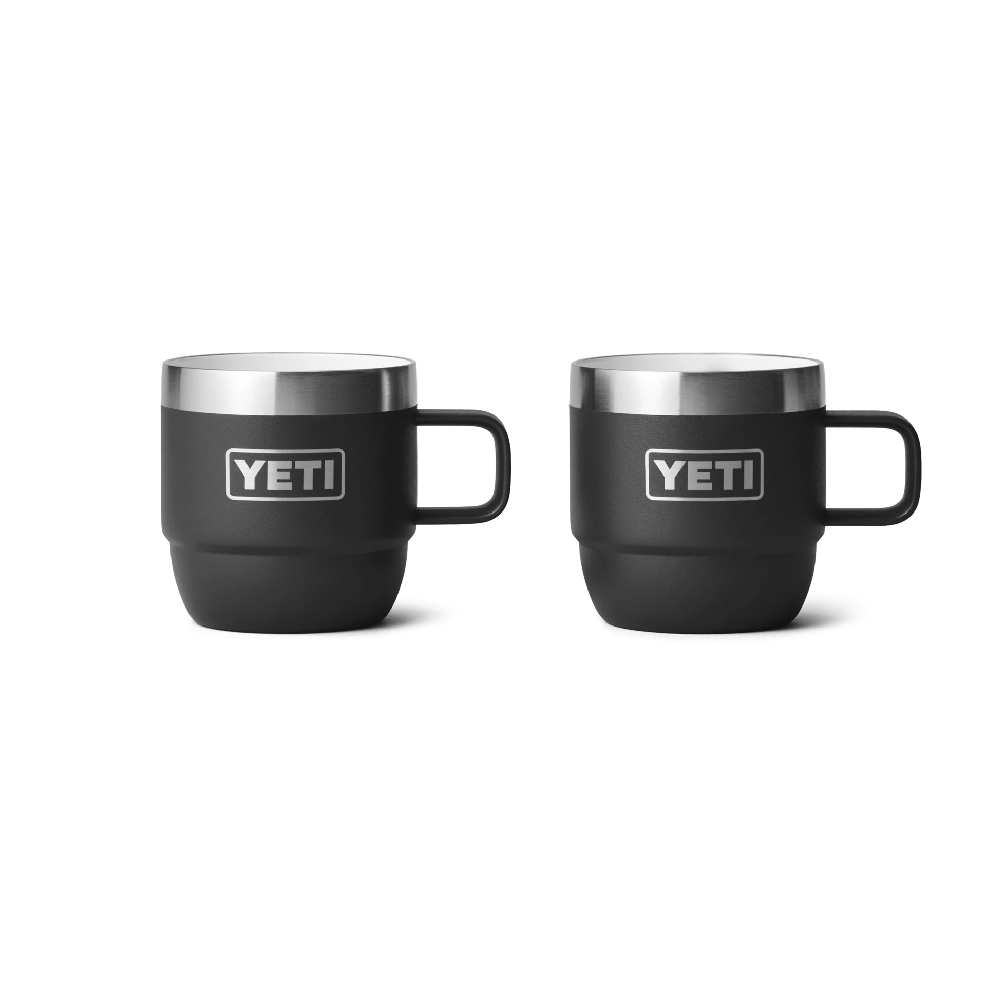 YETI rambler 6 ounce stackable espresso mugs with handles, black with silver top rim 3/4 cm width very smooth, ceramic inside, front view, 2 mugs shown side-by-side silver yeti logo shown on both white background