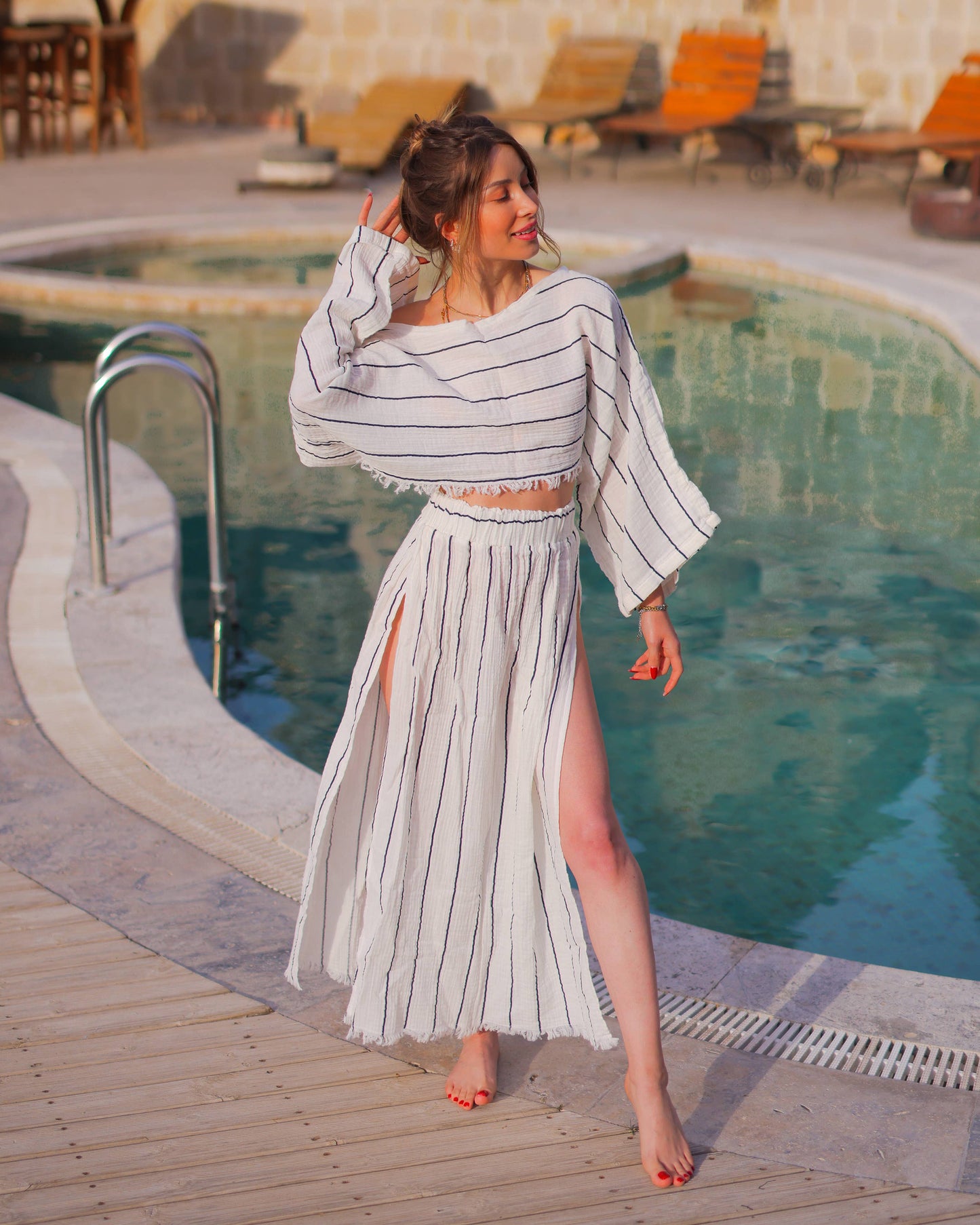 Black Striped Side Slit Cotton Maxi Skirt