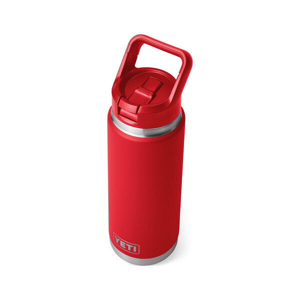YETI Rambler 26 oz straw bottle in rescue red - three quarter  - view showing insulated bottle with color - matched - straw - lid