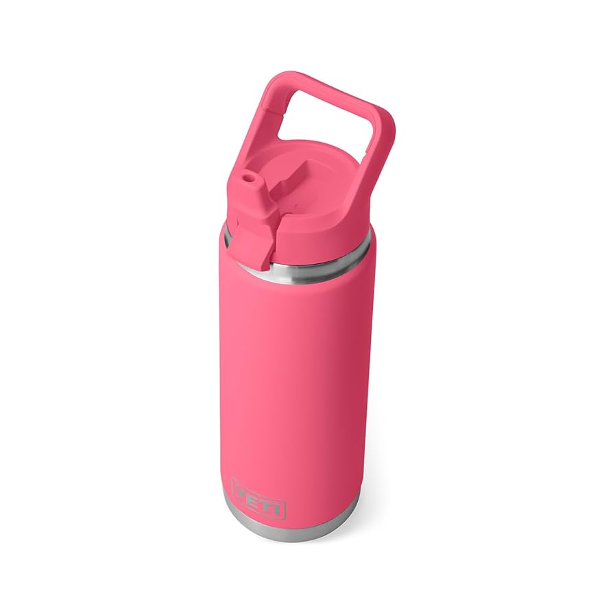 YETI Rambler 26 oz straw bottle in tropical pink - three-quarter view showing insulated bottle with colour- matched - straw lid