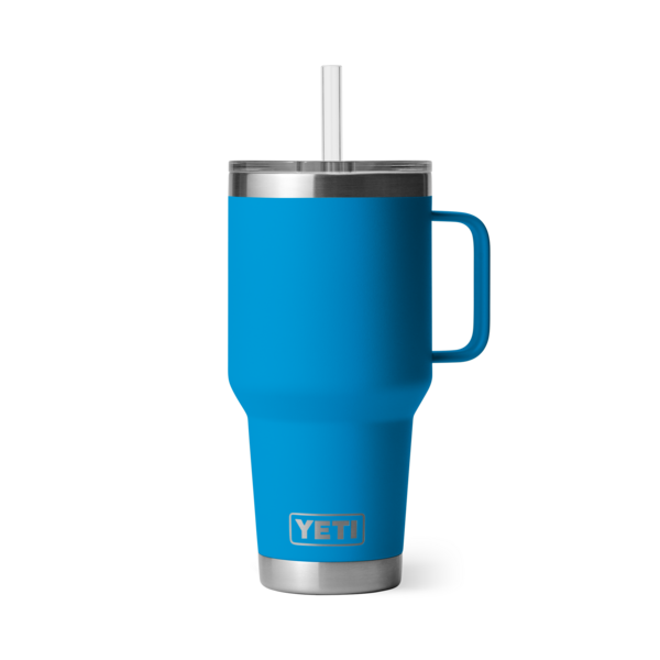 

YETI 35 ounce straw mug big wave blue handle smaller base fits in most cupholders bright blue very pretty white background