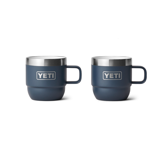 YETI rambler 6 ounce stackable espresso mugs with handles, navy with silver top rim 3/4 cm width very smooth, ceramic inside, front view, 2 mugs shown side-by-side silver yeti logo shown on both white background