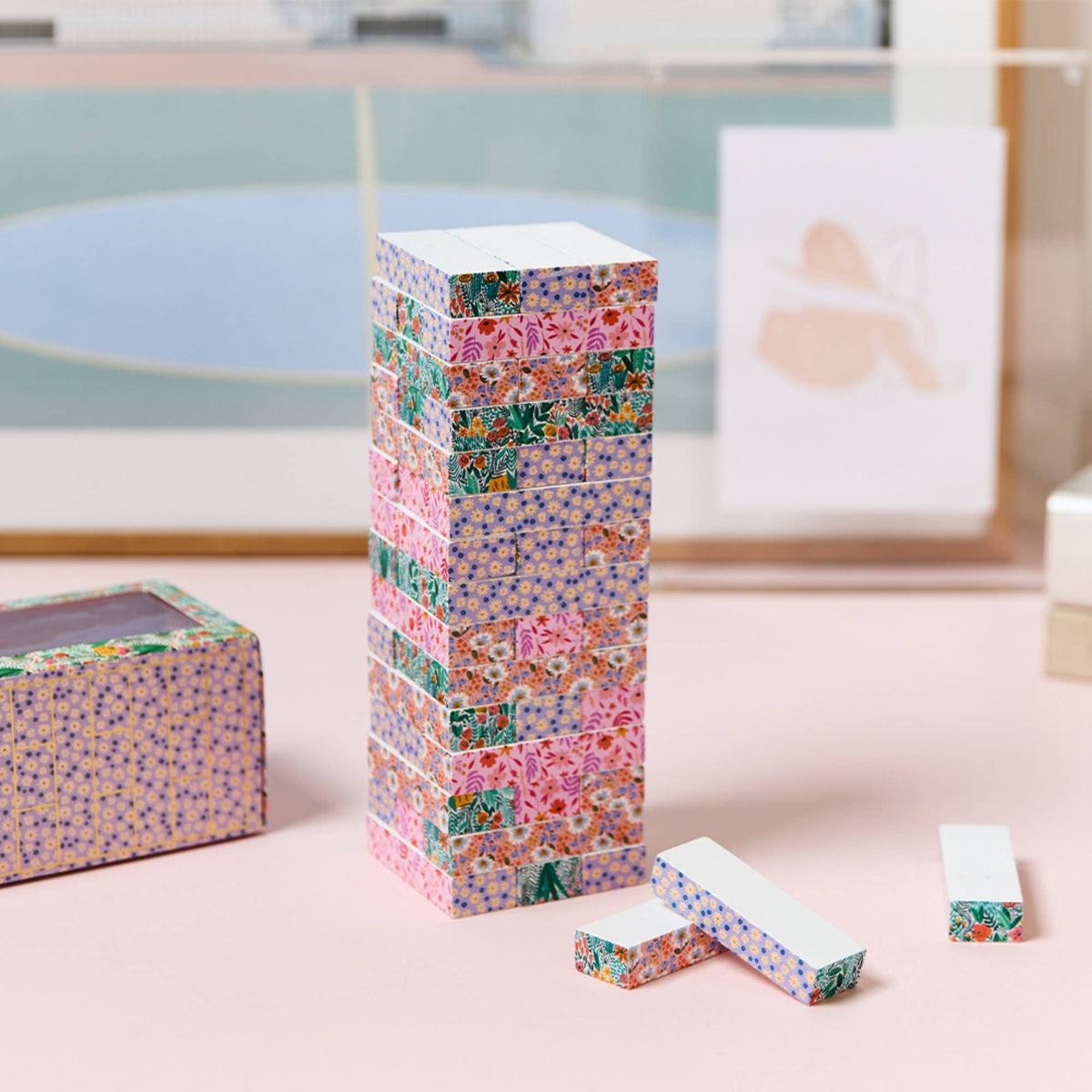 Floral tumbling tower game gift set 