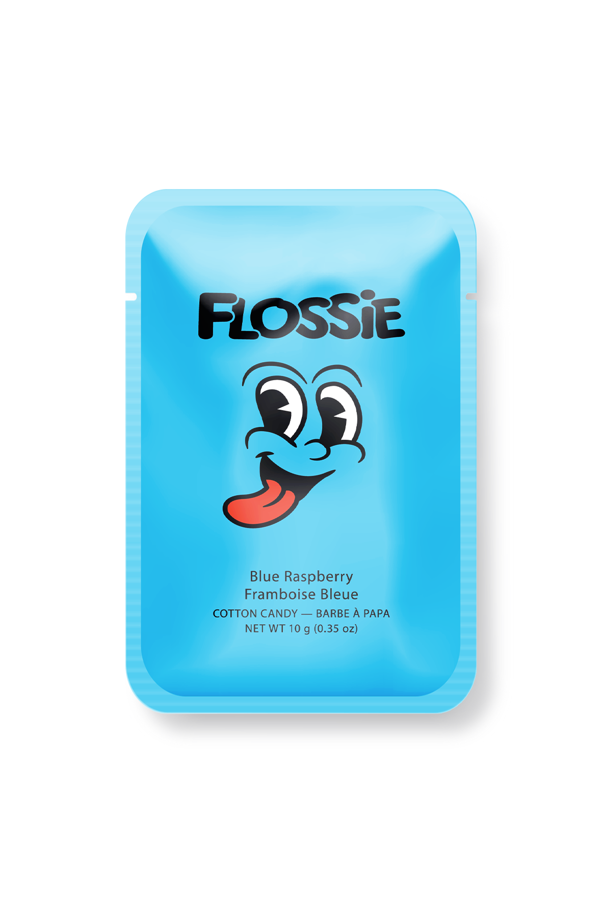 Flossie Blue Raspberry Cotton Candy single-serve package, gluten-free and vegan, made in Canada