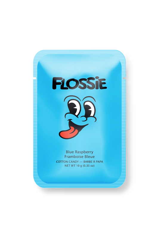 Flossie Blue Raspberry Cotton Candy single-serve package, gluten-free and vegan, made in Canada